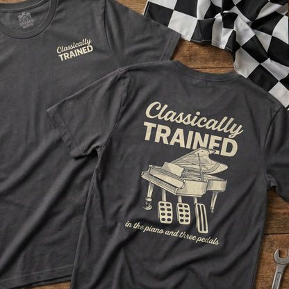 Gray t-shirt with "Classically Trained" and a piano illustration.