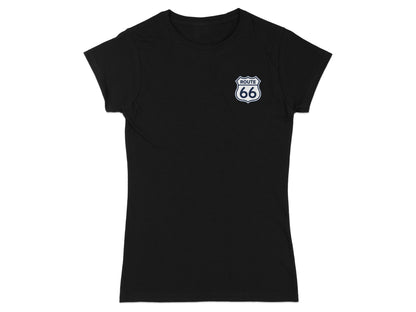 Black t-shirt with Route 66 logo on the left chest.
