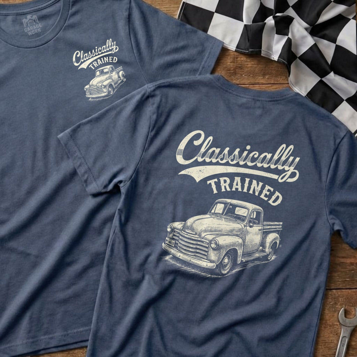 Blue t-shirts featuring "Classically Trained" text and a vintage truck graphic.