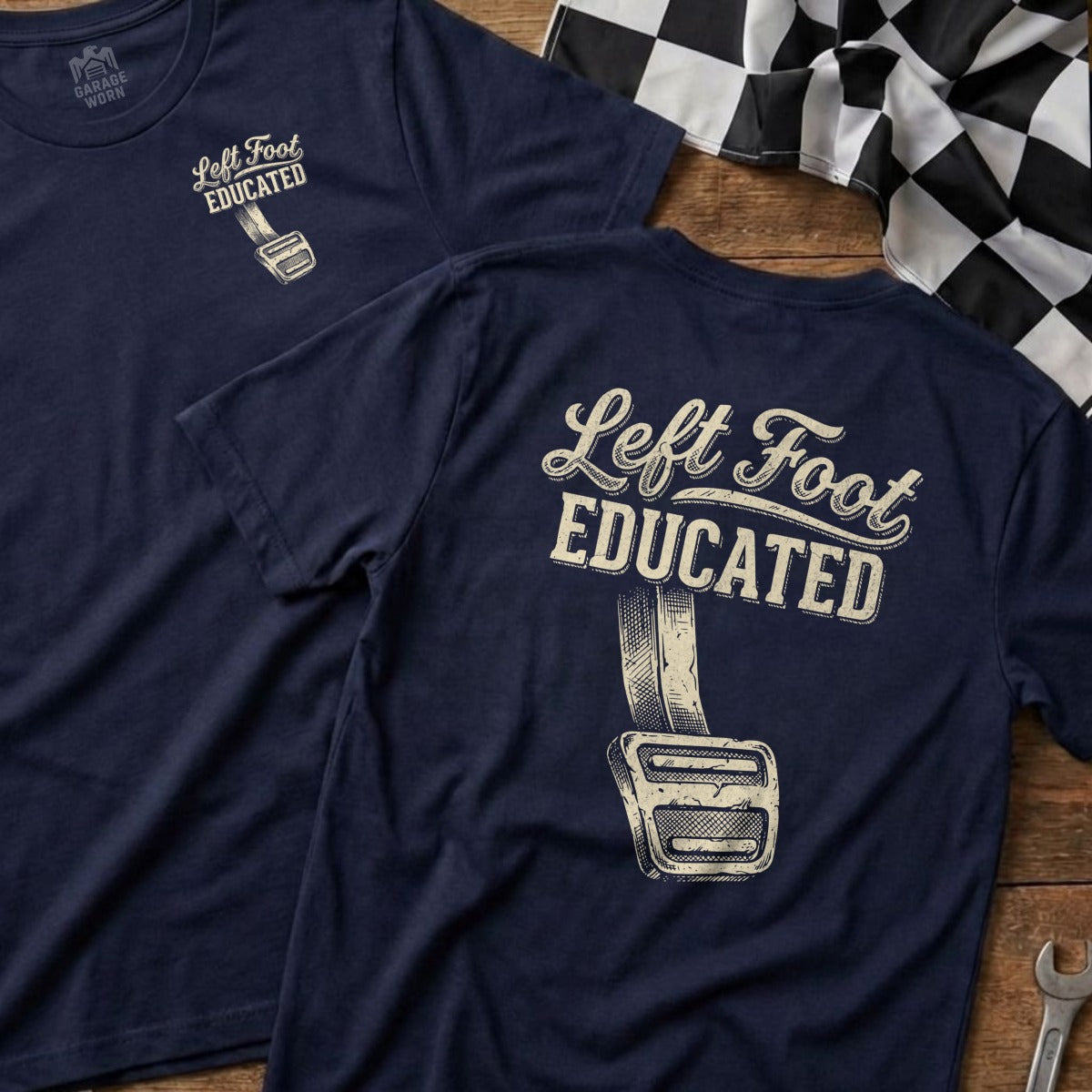 Navy t-shirts with "Left Foot Educated" and a gas pedal graphic.