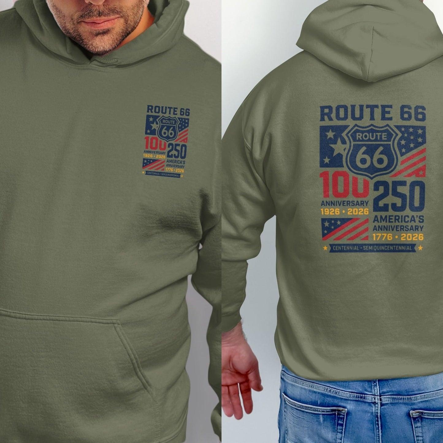 Olive green hoodie with Route 66 100th anniversary graphic.