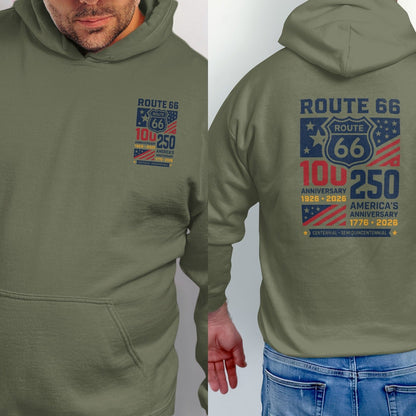 Olive green hoodie with Route 66 100th anniversary graphic.
