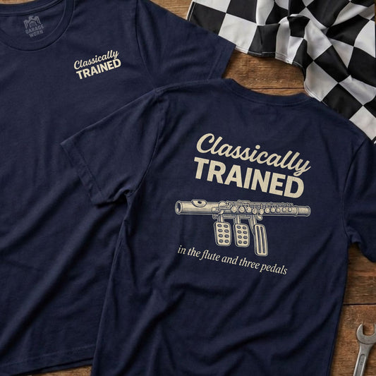 Navy t-shirt with "Classically Trained" and flute with three pedals graphic.