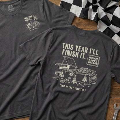T-shirts with text about finishing projects and car repair illustrations.