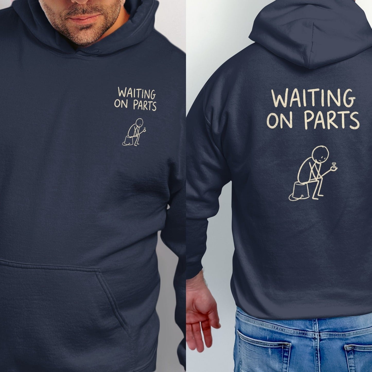 Navy hoodie with "WAITING ON PARTS" text and stick figure graphic.