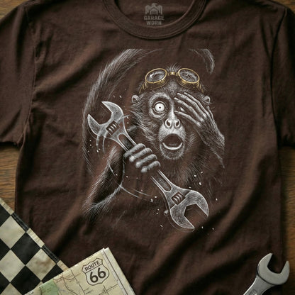 Monkey wearing goggles and holding wrenches, peeking with one eye.