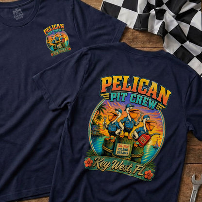 Navy t-shirt with "Pelican Pit Crew" graphic featuring pelicans in Key West.