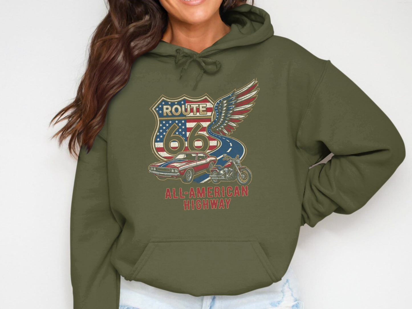 Route 66 All-American Highway graphic on olive green hoodie.