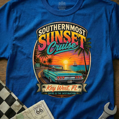 T-shirt graphic with Southernmost Sunset Cruise text, convertible car, and Key West, FL.