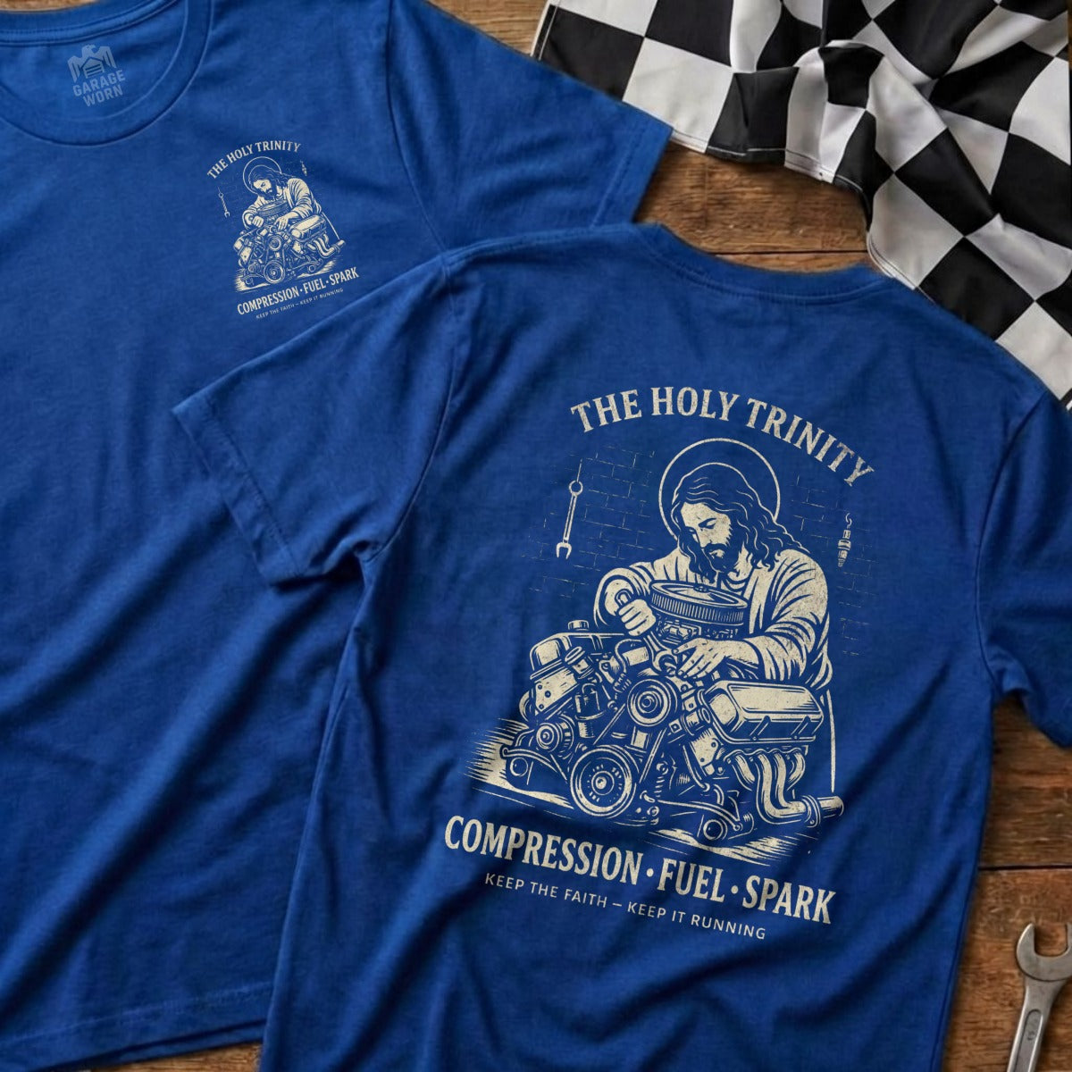 THE HOLY TRINITY Jesus Mechanic Engine product type
THE HOLY TRINITY
COMPRESSION FUEL SPARK
KEEP THE FAITH KEEP IT RUNNING
GARAGE WORN
Jesus
Mechanic
Engine
Car
Automotive
Auto Repair
Faith
Christian
God
Religion
Spiritual
Racing
Mechanic Tools
Hot Rod
Gearhead
Car Enthusiast
