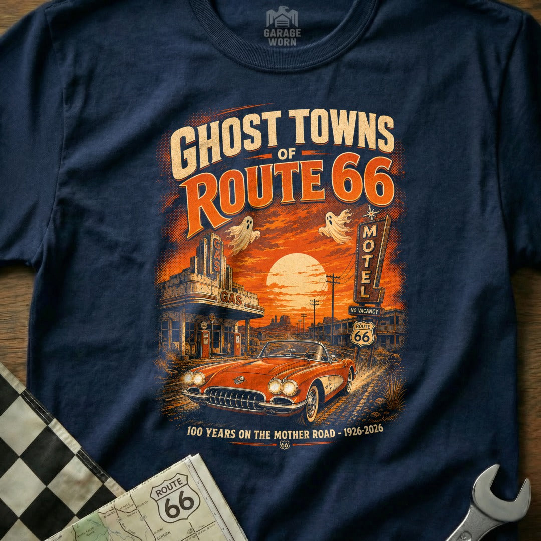 T-shirt graphic with Route 66 ghost towns, vintage gas station, motel, and car.