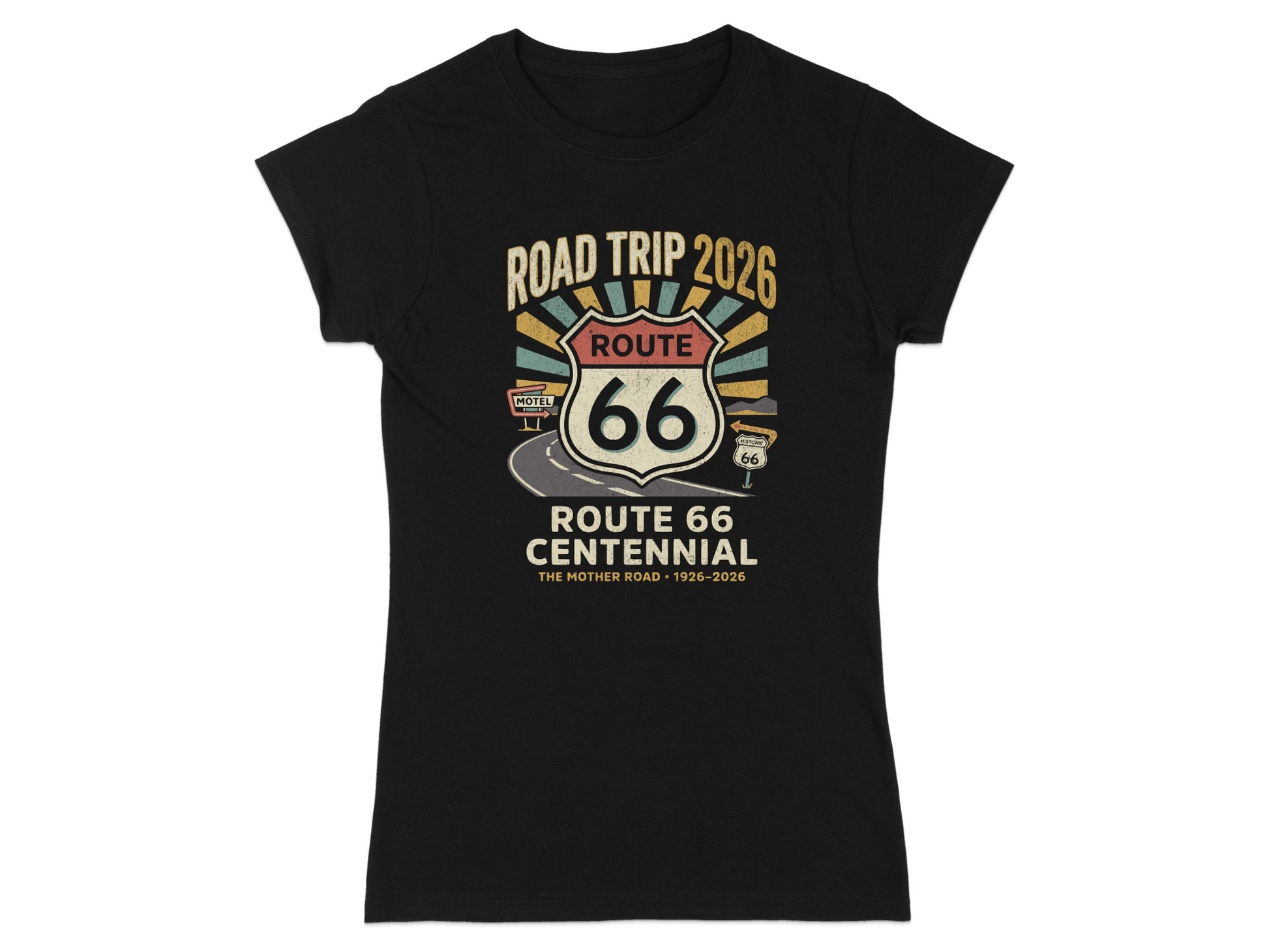 Black t-shirt with vintage Route 66 Centennial 2026 graphic.