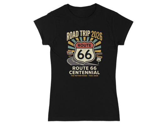 Black t-shirt with vintage Route 66 Centennial 2026 graphic.