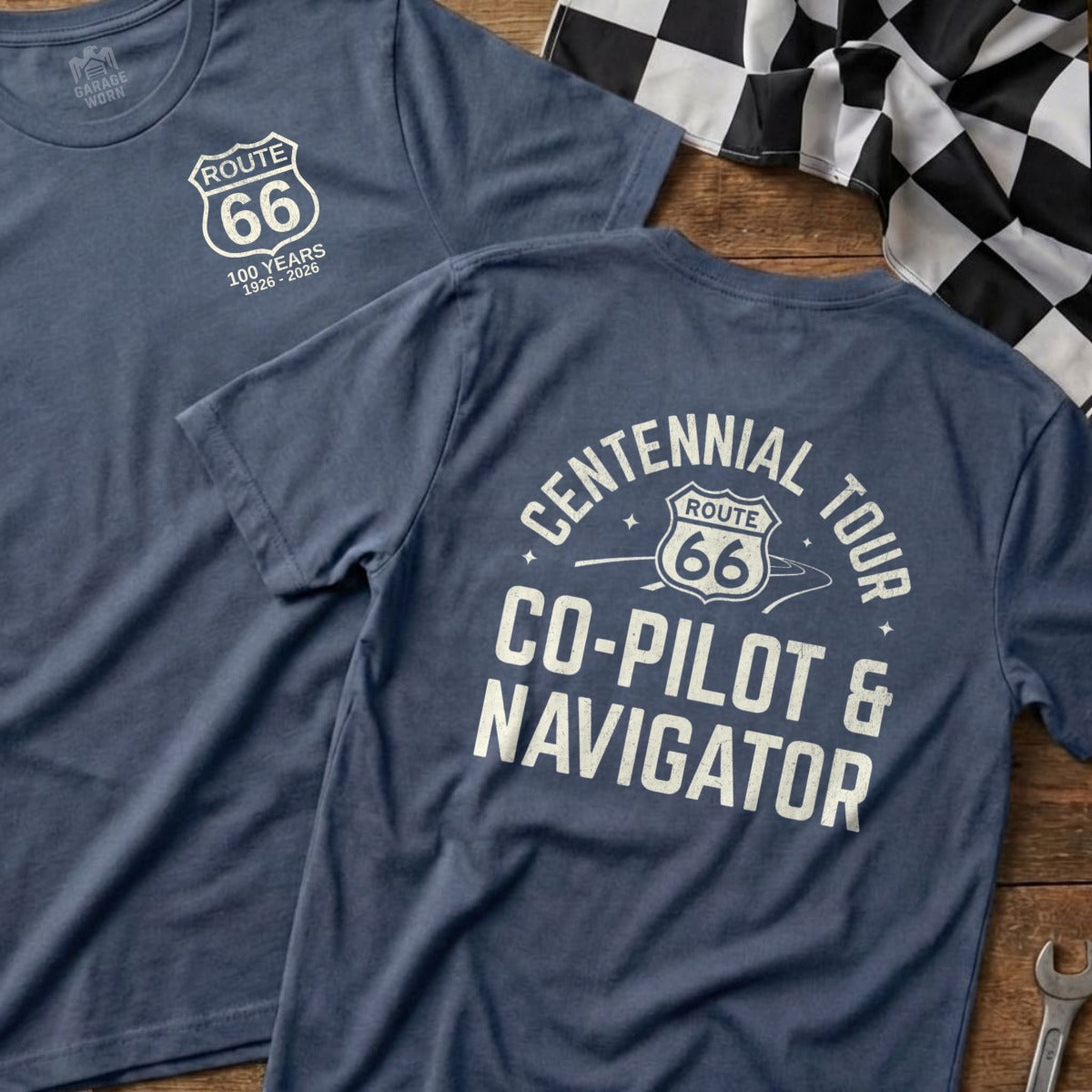Two blue t-shirts with Route 66 Centennial Tour text and graphics.