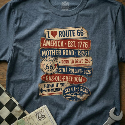 T-shirt with Route 66 graphics and American pride text.