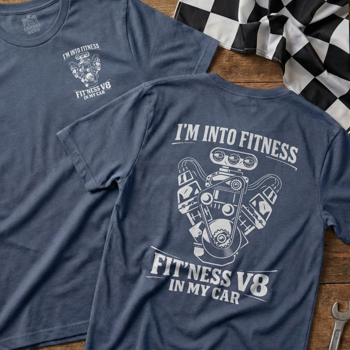 Blue t-shirts with white graphic of a V8 engine and text "I'm Into Fitness".