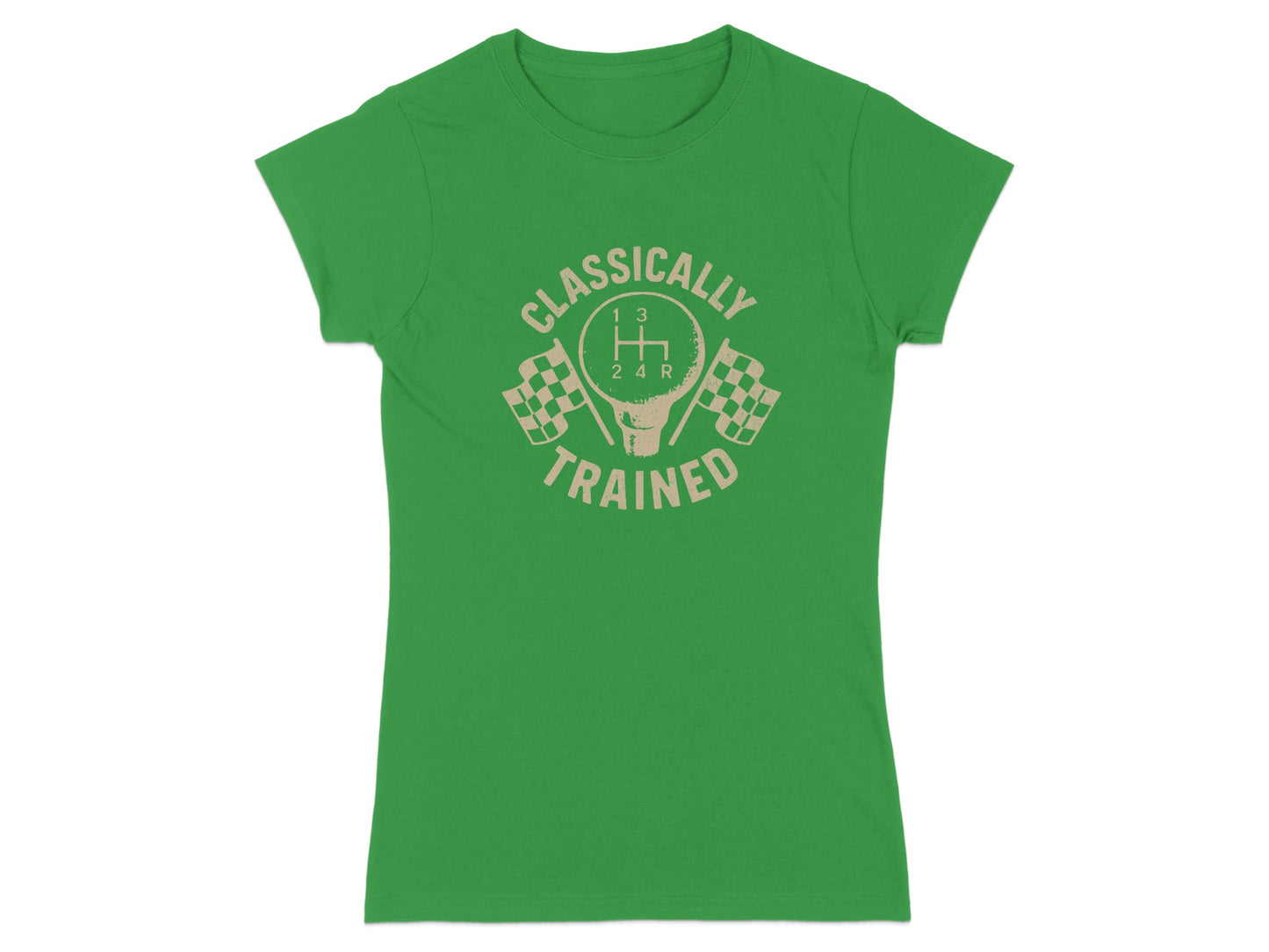 Green t-shirt with "CLASSICALLY TRAINED" text and a gear shift pattern.