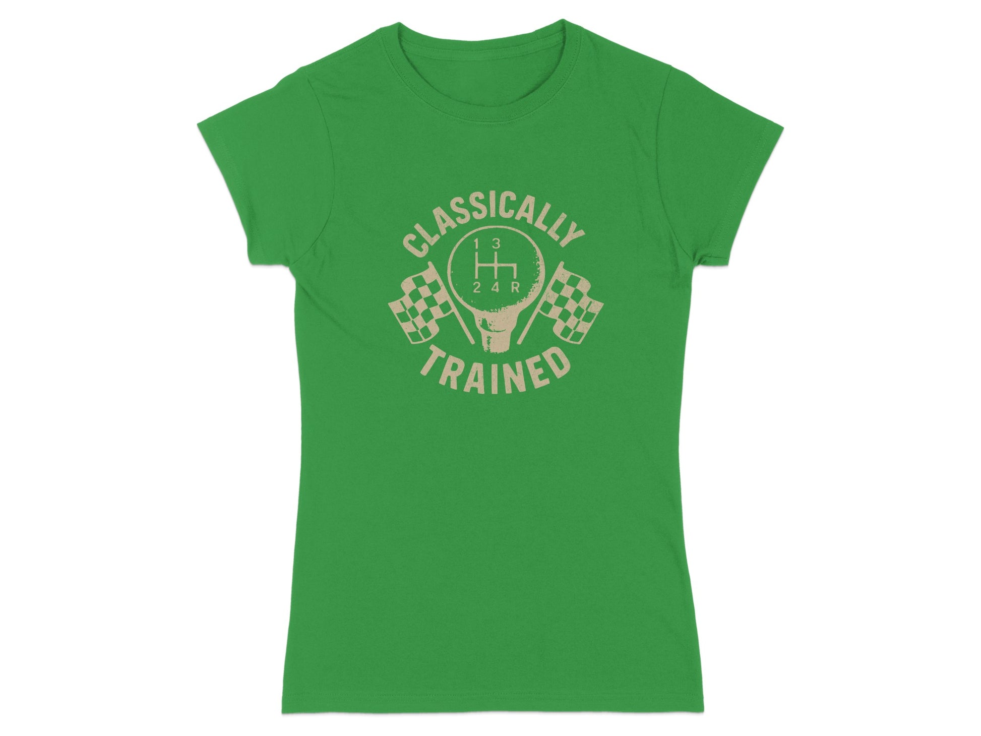 Green t-shirt with "CLASSICALLY TRAINED" text and a gear shift pattern.