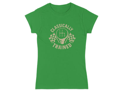 Green t-shirt with "CLASSICALLY TRAINED" text and a gear shift pattern.
