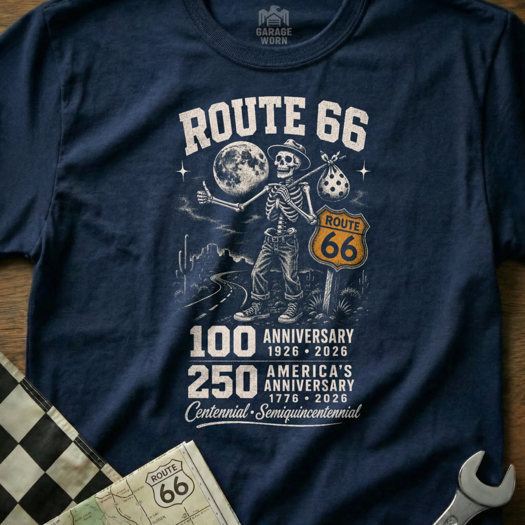Skeleton hitchhikes on Route 66 for 100th and 250th anniversaries.