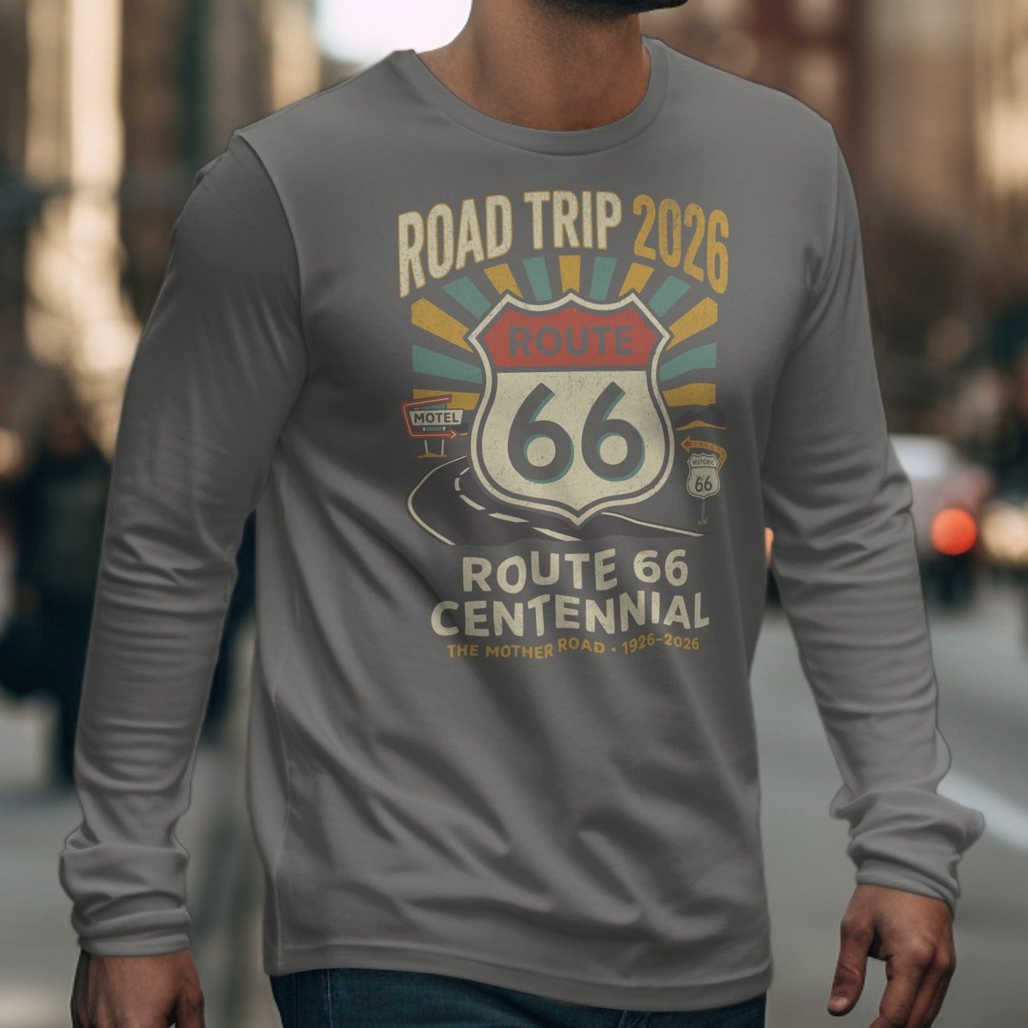 Long-sleeve shirt with Route 66 Centennial design, "Road Trip 2026".