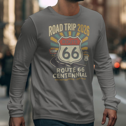 Long-sleeve shirt with Route 66 Centennial design, "Road Trip 2026".