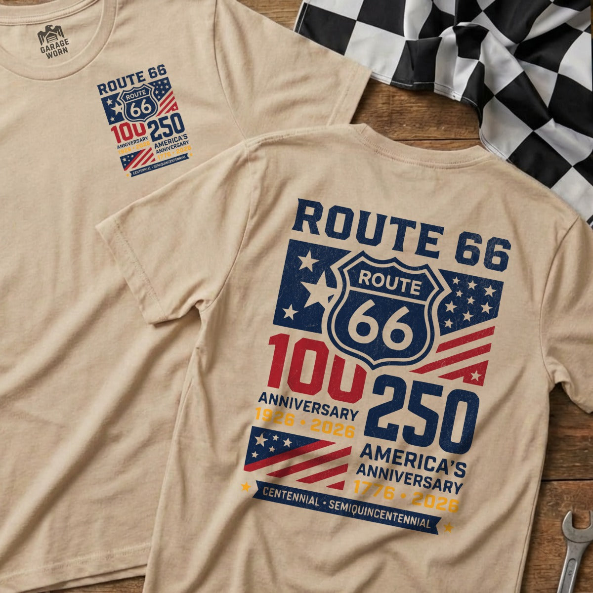 Two tan t-shirts with Route 66 100th and 250th anniversary graphics.
