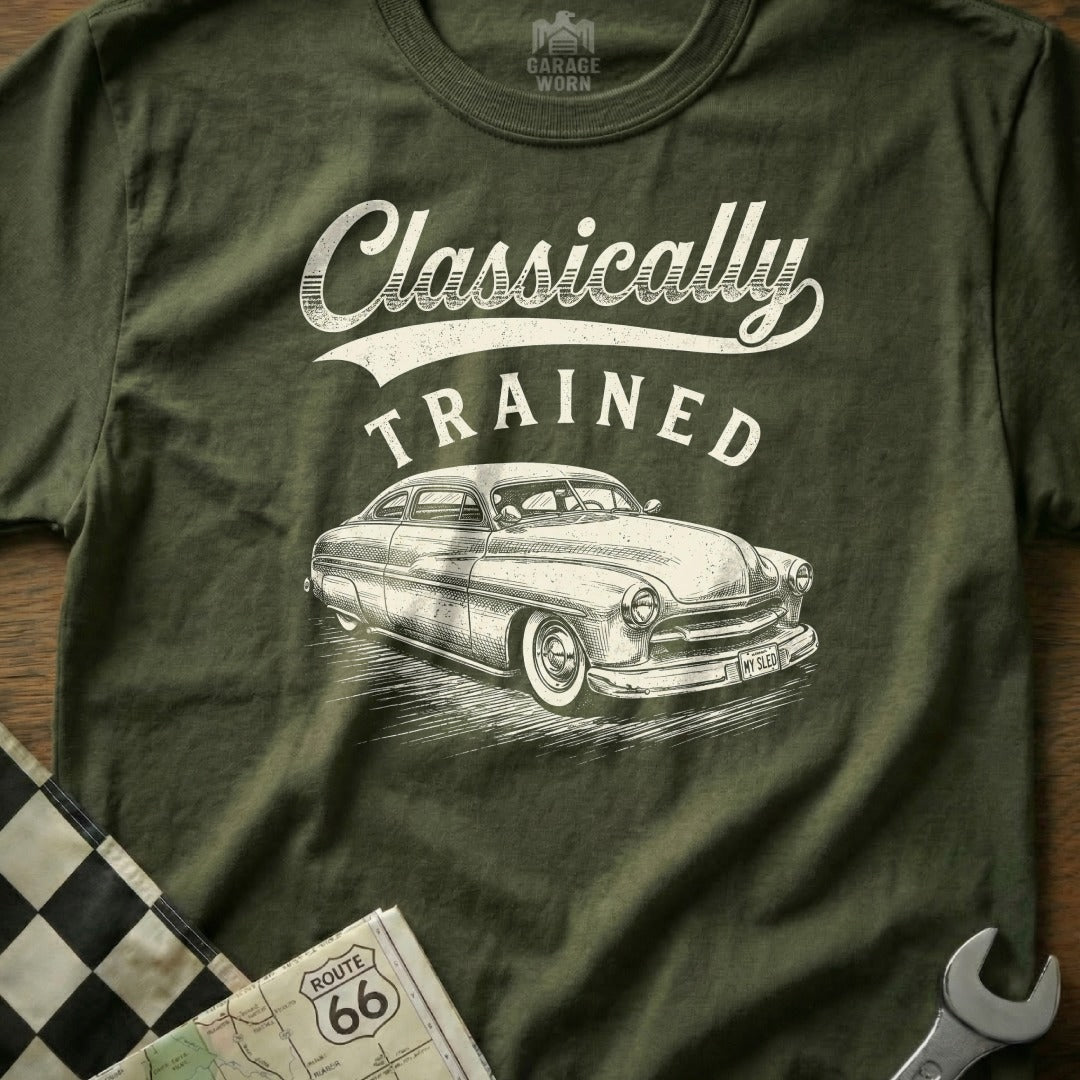 T-shirt with "Classically TRAINED" text and vintage car illustration