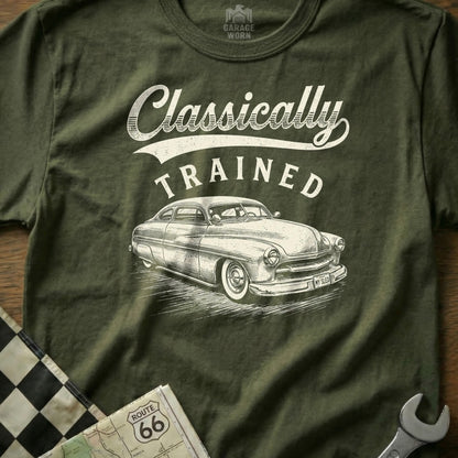T-shirt with "Classically TRAINED" text and vintage car illustration