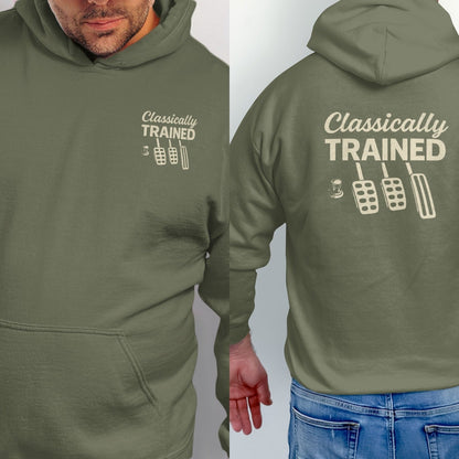 Olive green hoodie with "Classically TRAINED" and clutch, brake, and gas pedals graphic.