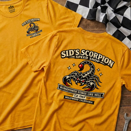 Sid's Scorpion Speed Shop Yellow Graphic Tee Shirt