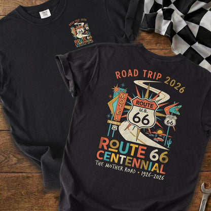 T-shirt with Route 66 Centennial graphic and Road Trip 2026 text.