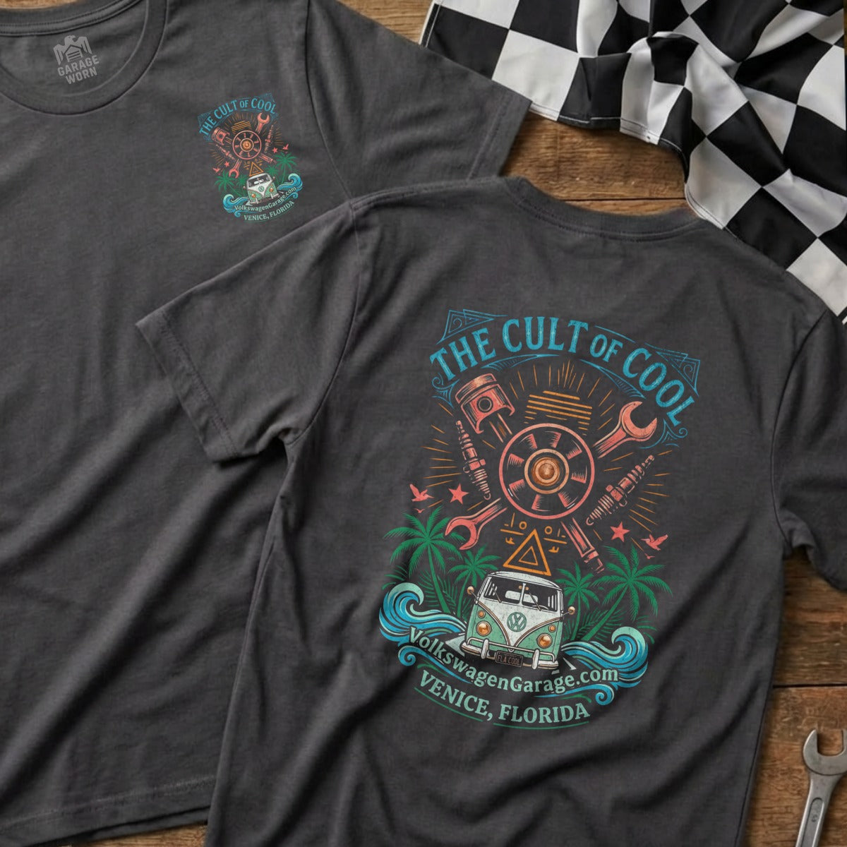 Dark grey t-shirt with "The Cult of Cool" graphic featuring a VW van and vintage car parts.