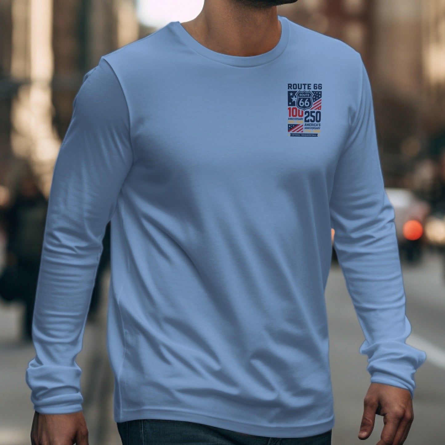 Light blue long-sleeve shirt with Route 66 Centennial Semicentennial graphic.