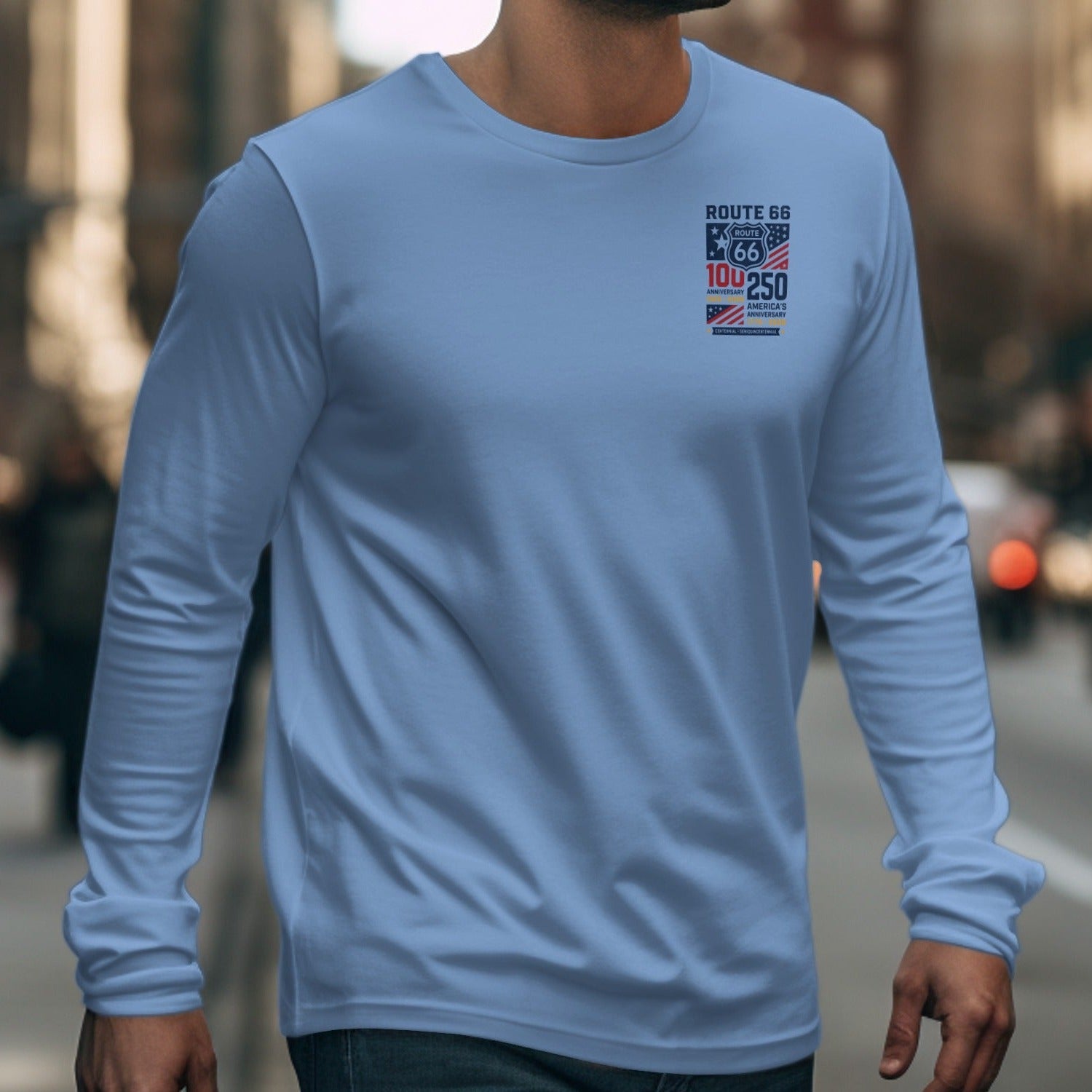 Light blue long-sleeve shirt with Route 66 Centennial Semicentennial graphic.