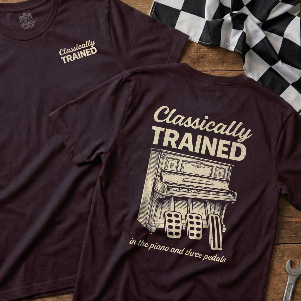 Maroon t-shirt featuring a piano and three pedals with "Classically Trained" text.
