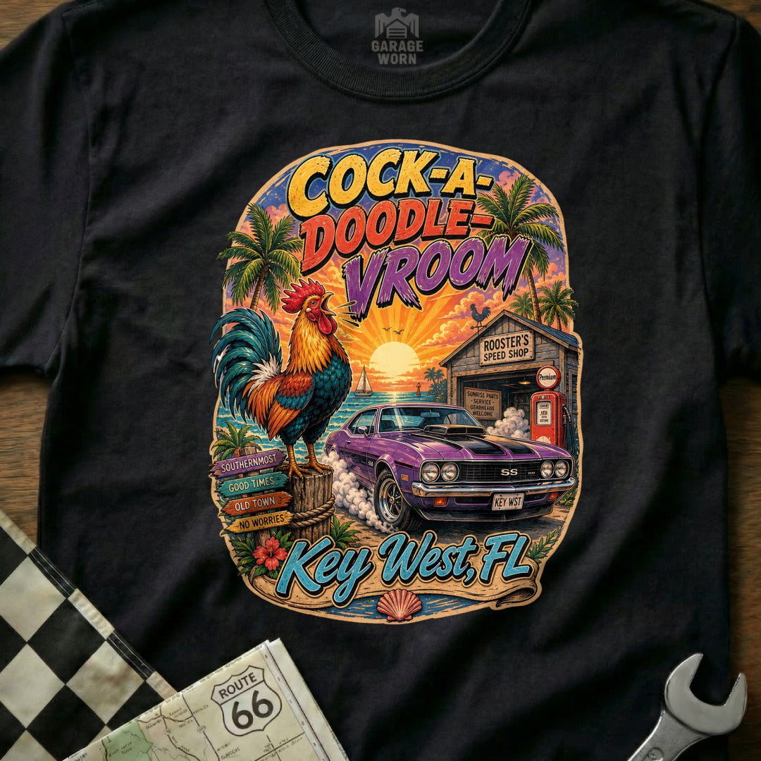 Key West design with rooster, purple car, and "Cock-A-Doodle Vroom" text.
