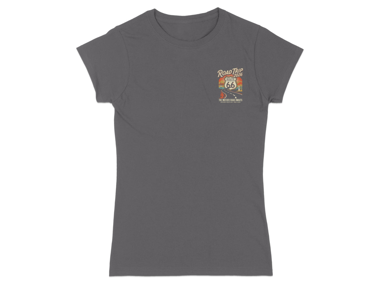 Women's grey t-shirt with "Road Trip 1926" graphic featuring a vintage car and scenic route.