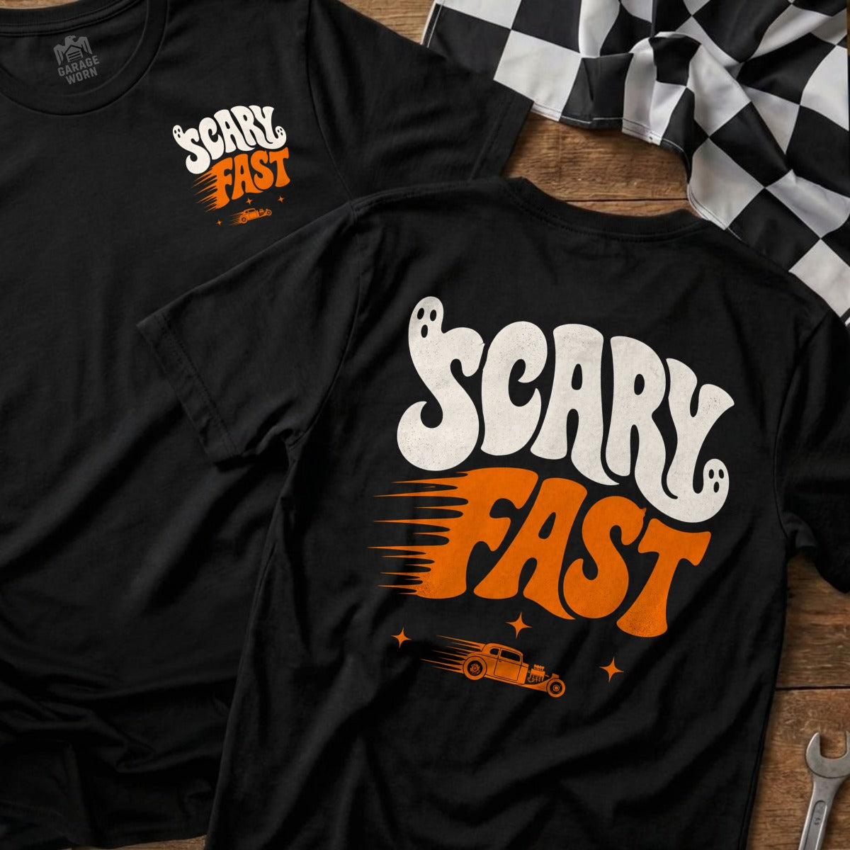 Black t-shirt with "Scary Fast" graphic, featuring ghosts, speed lines, and a hot rod.