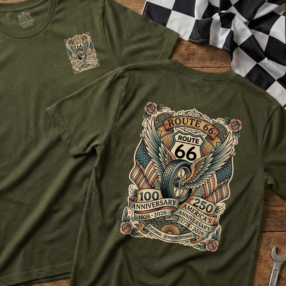 Olive green t-shirt with Route 66 100th and 250th anniversary graphic.