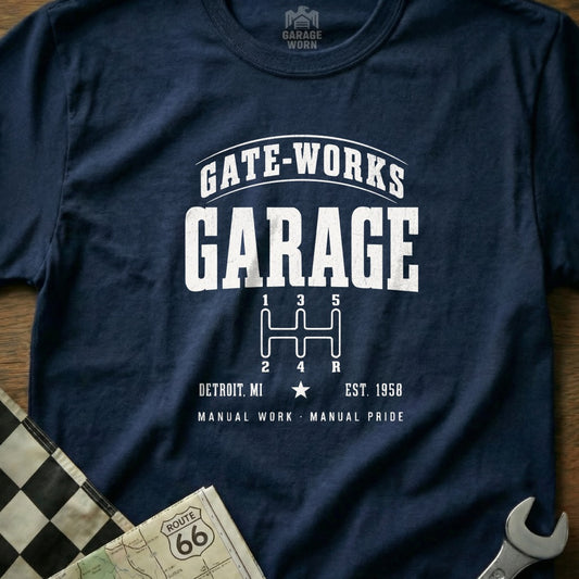 Gate-Works Garage t-shirt with gear shift graphic and Detroit MI text.