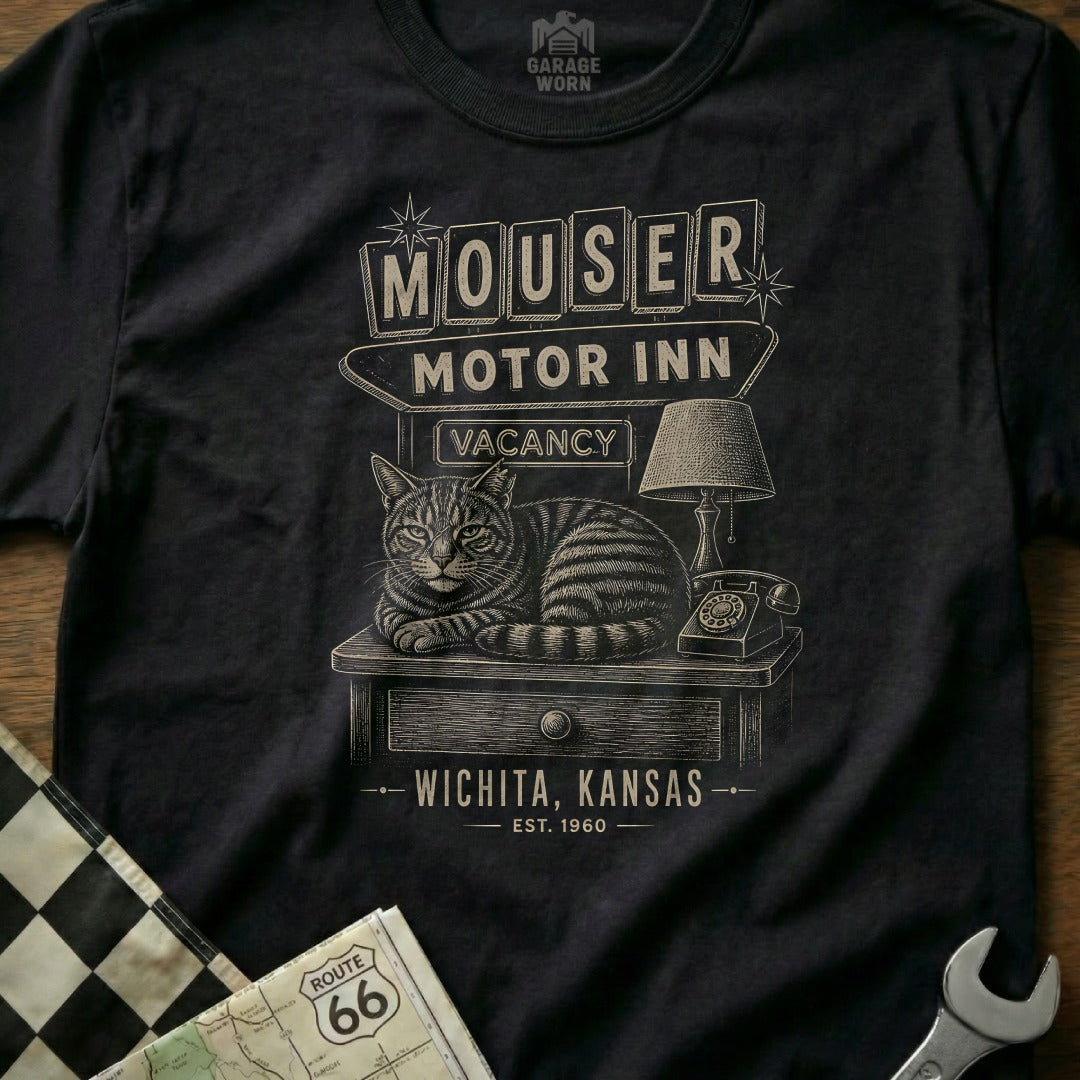 Mouser Motor Inn graphic tee featuring a cat, vintage telephone, and Wichita, Kansas text.