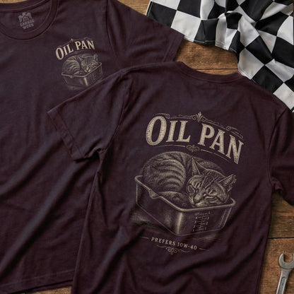 Dark maroon t-shirt with vintage "Oil Pan" graphic of a cat sleeping in a pan.