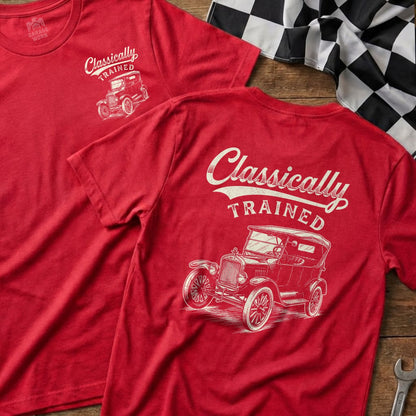 Red t-shirts feature "Classically Trained" text and a vintage car graphic.