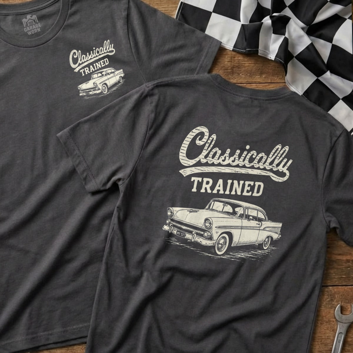 Gray t-shirts featuring "Classically Trained" text and a vintage car graphic.