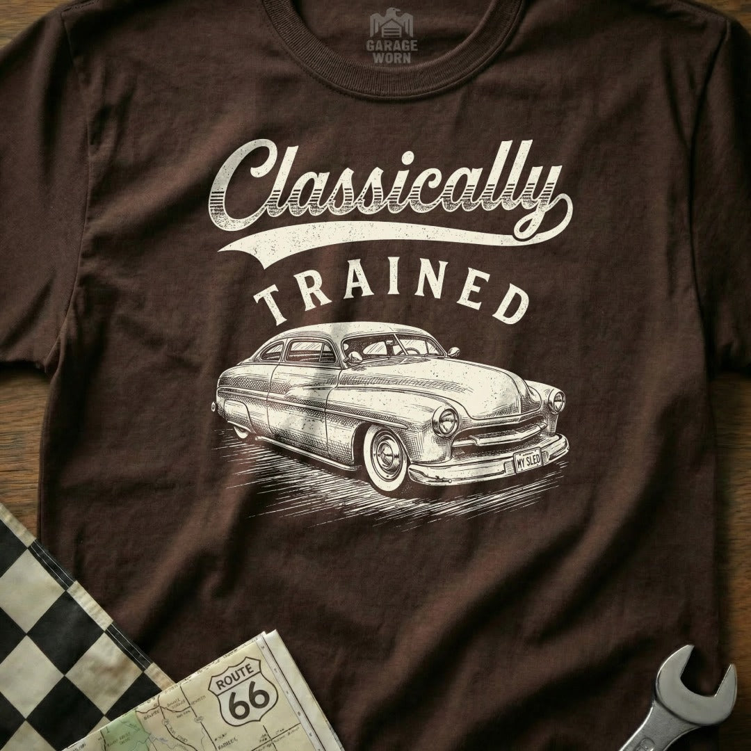 Brown t-shirt with "Classically TRAINED" text and vintage car graphic