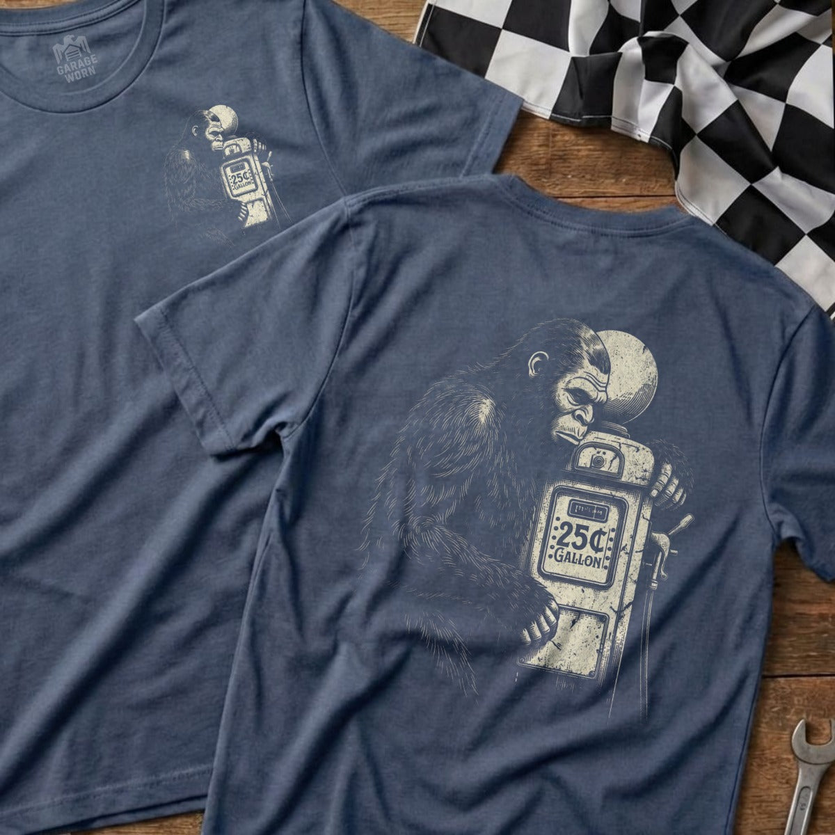 Gorilla at gas pump graphic on navy blue t-shirt.
