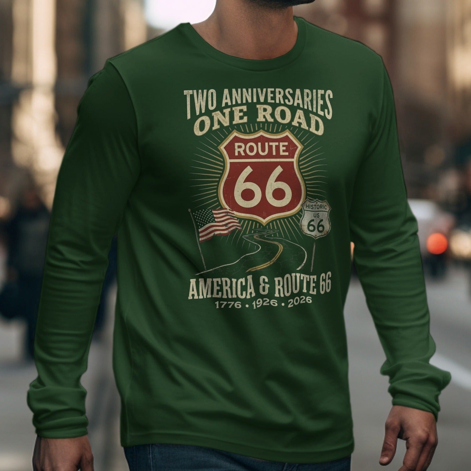 Green long-sleeve shirt with Route 66 graphic and dates 1776, 1926, 2026.