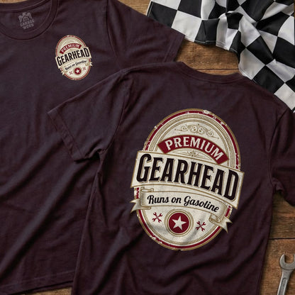 Burgundy t-shirt with "Premium Gearhead Runs on Gasoline" logo on back.