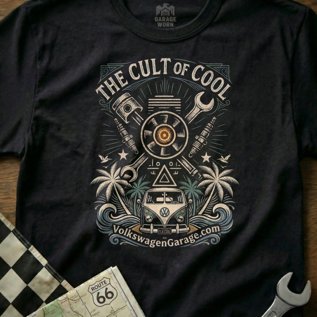 The Cult of Cool Volkswagen Garage t-shirt with engine and van graphic.